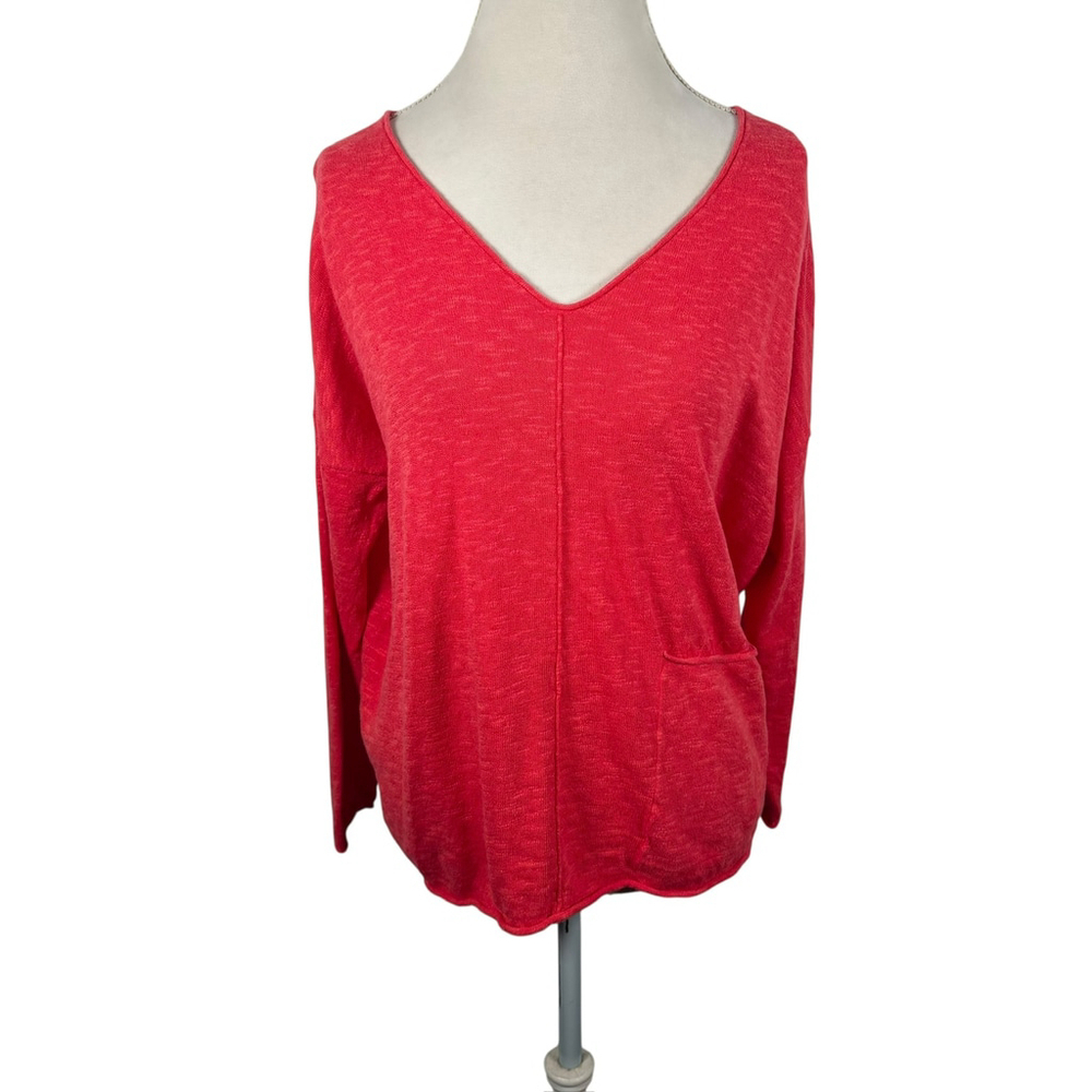 Eileen Fisher System Red Orange Organic Linen Cotton Slub V-Neck Top Boxy Size M